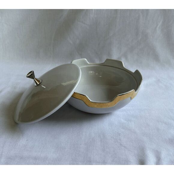 Vintage Royal Haeger USA Pottery. Mid Century Candy Dish, Gold Rimmed with Lid - Picture 2 of 10